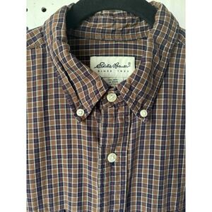 Eddie Bauer Long SLV Checkered Button Down Cotton Shirt Men's LG Brown Blue